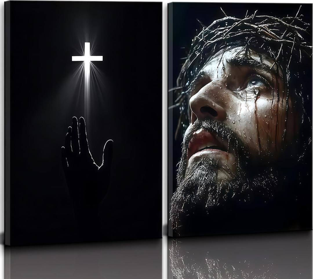 2Pcs Framed Black & White Christian Canvas Wall Art, 16"x24", 16x24inchx2
