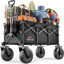 All-Terrain Beach Wagon with 10" x 3.5" Big Inflatable Rubber Wheels for Sand, 220L Collapsible Utility Wagon, 400 lbs Heavy Duty Folding Cart with 2 Cup Holders for Camping, Sports, Garden, Black