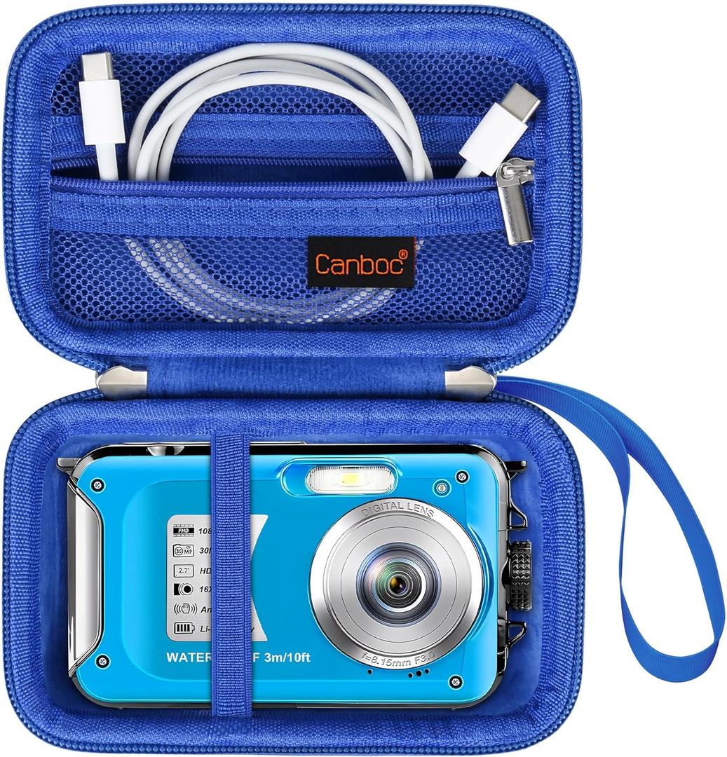 Canboc Carrying Case for SiSuSy/YISENCE/Yiffecal/SPUNALP/EUXOR Waterproof Digital Camera, 4K Underwater Camera Bag, Mesh Pocket fits USB Cable, Batteries, Blue (Case Only), Blue
