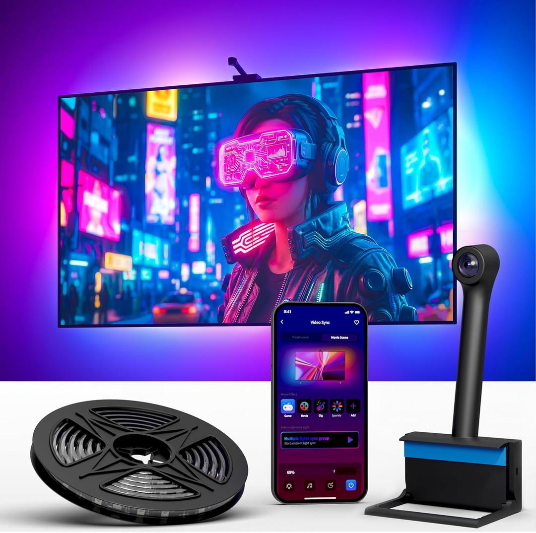 Ailofy Smart TV LED Backlight with Camera for 75-85 inch Screens, 16.4ft LED Strip Lights Sync to Screen& Music, Color Changing Lights for TV Compatible with Alexa & Google Assistant, App Control