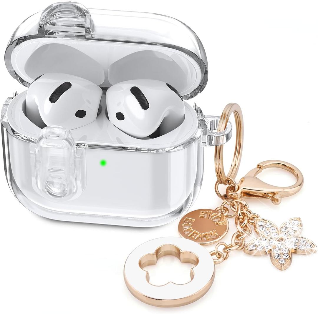 (with Safety Lock) Clear Case Compatible with Cute Apple Airpods 4 Cases 2024 Women, VISOOM Soft TPU Transparency Air pods 4 Gen Case iPods 4 Earbuds Case Girl Bling Keychain for Airpod iPod 4th Gen
