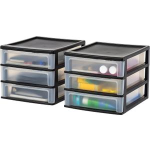 IRIS USA Plastic Stacking Desk Top 3-Drawer Storage Organizer, 2-Pack, for Makeup Vanity Nail Polish Bathroom Stationery Art Craft Supplies Kitchen Office Garage and Small Organization, Medium, Black