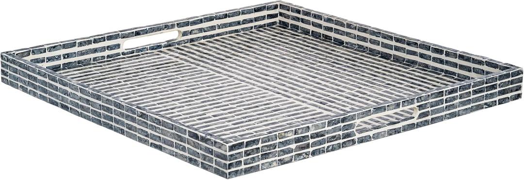 PEMAR 20-Inch Large Square Capiz Shell Inlay Tray Modern Dark Grey & Charcoal Brick Pattern Handcrafted Decorative Serving Tray for Coffee Table, Ottoman, and Luxury Home Decor