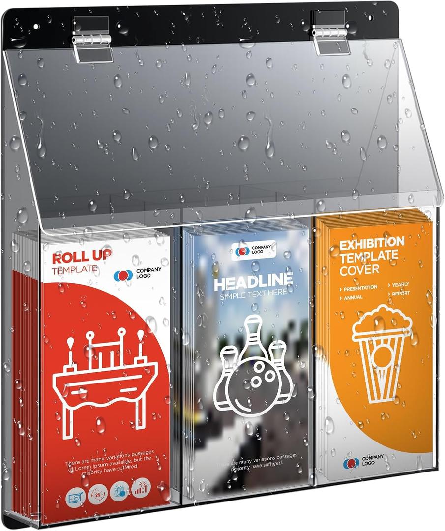 3 Pocket Outdoor Brochure Holder Display Brochure Holder 15"w x 16"h x 2.4"d Waterproof Acrylic Wall Mount Pamphlet Box with Clear View Window for Flyer Document Map Menu Display Dispenser