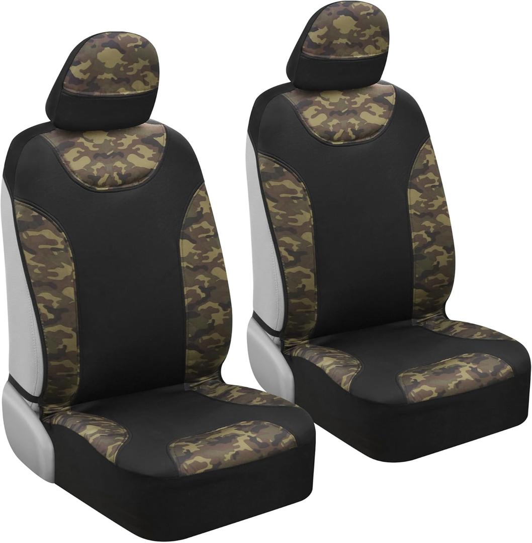 BDK Waterproof Camo Seat Covers for Car Truck Van SUV, 2 Pack  Two-Tone Black & Camouflage, Durable Neoprene Seat Protectors, Sideless Design Compatible with Armrests and Airbags
