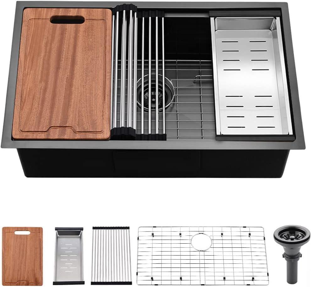 30 Inch Undermount Kitchen Sink Black-Bokaiya 30x19 Black Stainless Steel Kitchen Sink Undermount 16 Gauge Deep Single Bowl Workstation Sinks with Cutting Board& Drainer