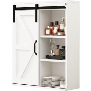 RUSTOWN Farmhouse Wood Wall Storage Bathroom Cabinet with Sliding Barn Door, Rustic Medicine Cabinet with Adjustable Shelf, 3-Tier Vintage Cabinet for Kitchen, Bathroom, Living Room (Vintage White), 27.6''x21.7''x7.8''