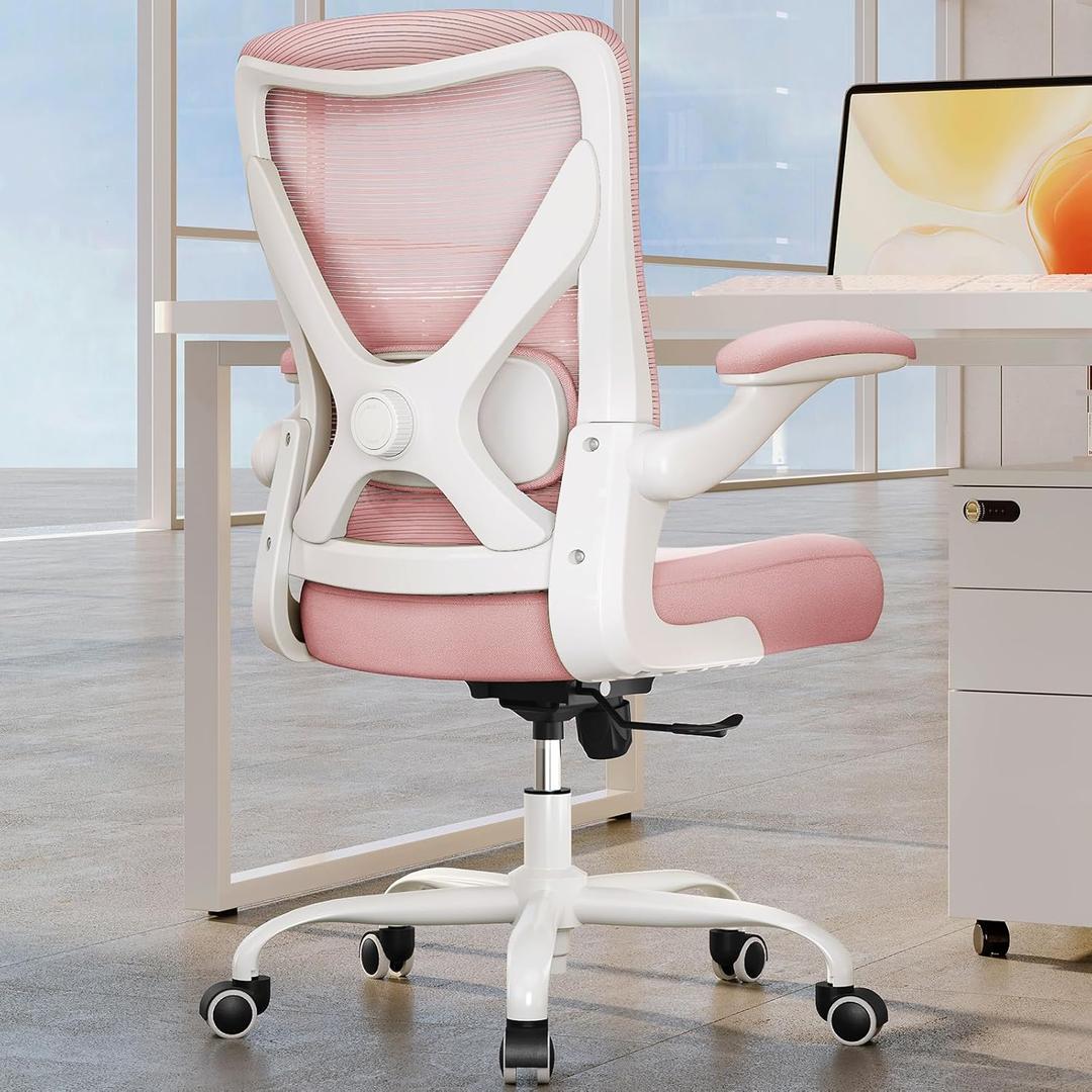 Office Chair Ergonomic Desk Chair Comfy: 330LBS Mesh Computer Chair Ergonomic Gaming Chairs with Wheels Adjustable Lumbar Support and Flip up Armrest-Swivel Executive Chairs Long Hours (Light Pink)