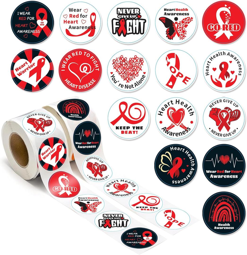 2 x 1000Pcs Heart Awareness Stickers,Wear Red Ribbon Week Stickers,Heart Disease Awareness Sticker forHeart Awareness Month Cards Envelopes Candy Roll Sticker.