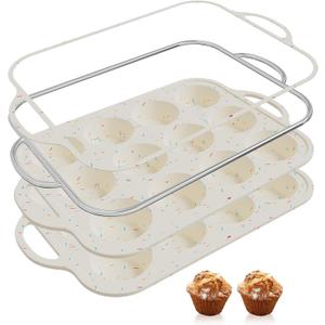 2 Packs 12 Cups Silicone Muffin Pan for Baking with Metal Reinforced Frame Regular Size Cupcake Pan Tray Chocolate Egg Pizza Bites Oven Top Cookie Molds Muffin Tin Tart Pans Sheet Set Bakeware Liner