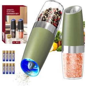 CIRCLE JOY Gravity Electric Salt and Pepper Grinder Set Automatic Salt and Pepper Grinder Set with LED Light, Battery Operated, Adjustable Coarseness, Large Capacity, for Home Kitchen BBQ, Green