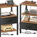 SUPERJARE Nightstand Set of 2, Bed Side Tables with Charging Station, Adjustable Fabric Drawer, Night Stand for Bedroom, 3-Tier Storage End Tables, for Living Room, Rustic Brown and Black