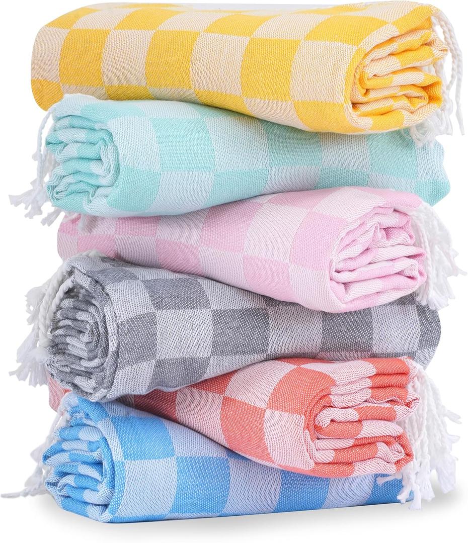 6 Packs Turkish Beach Towel Vacation Essentials Blanket Set Pool Bath Towels Bulk Multipack Travel Sand Free Quick Dry Extra Large Oversized Cute Big Soft Lightweight Compact Checkered Cloud Women (Gz Multicolors Pink)