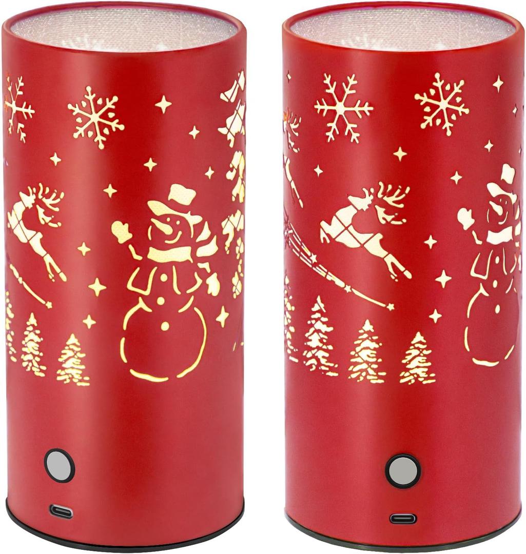 Christmas Table Lamp with Hollow-Out Design - Rechargeable Touch Control Dual Color LED, Warm/Cool White Metal Decor for Home Desk Party, 1200mAh Battery - 2pack(Red)