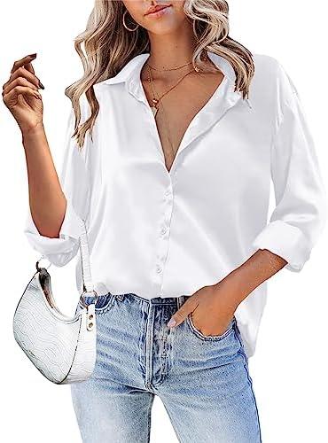 HOTOUCH Women Satin Silk Button Down Shirt Ladies Long Sleeve Tops V Neck Loose Blouse Dressy Business Casual Work Tunic Fall, Small