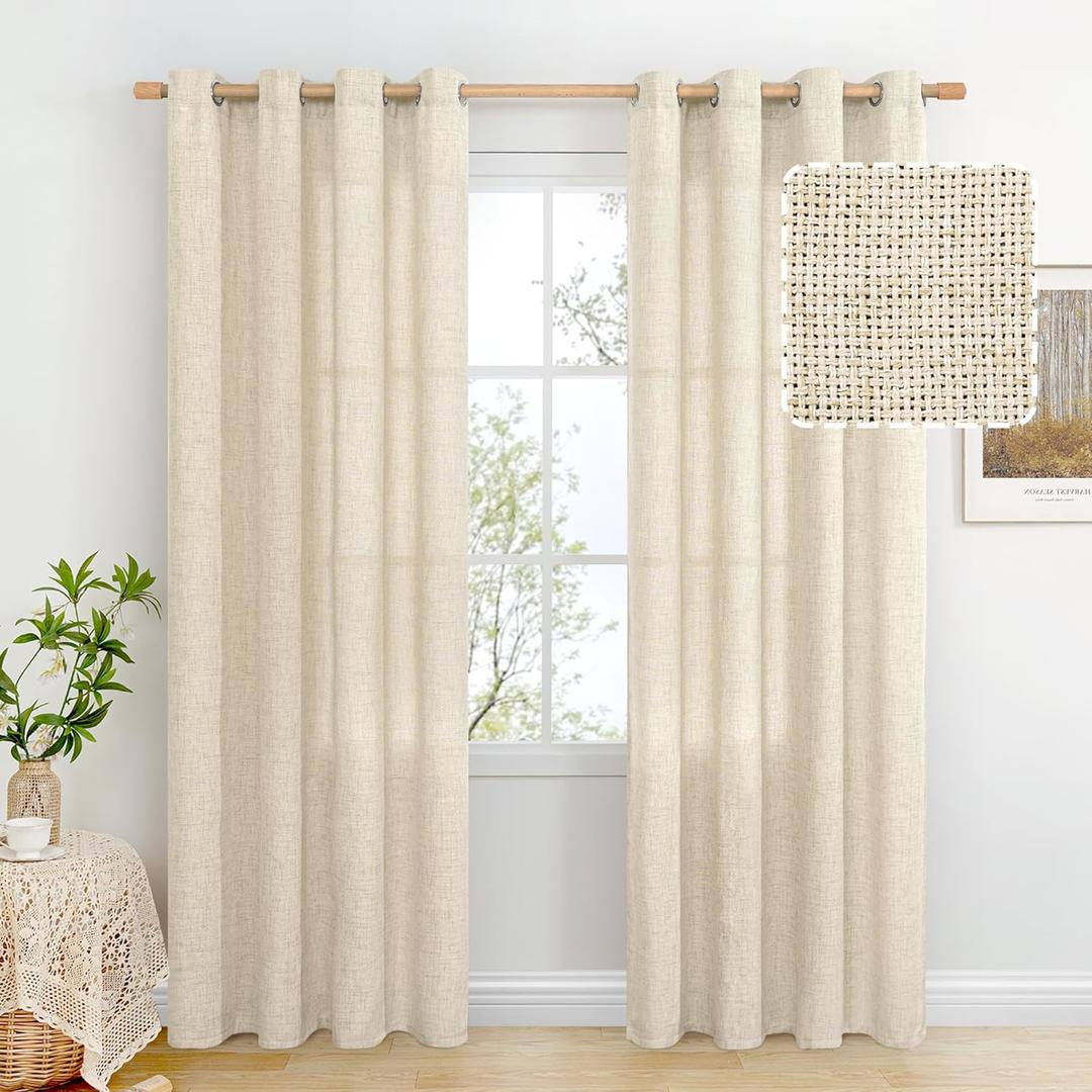 BGment Beige Linen Curtains 84 Inch Long for Living Room - Burlap Textured Light Filtering Window Treatments Grommet Sheer Drapes for Farmhouse, 2 Panels, 52 X 84 Inch