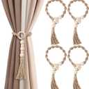 Macrame Curtain Tiebacks with Wooden Beads, Jute Rope Boho Holdbacks with Tassels, Natural Beige, 4-PCS (4)