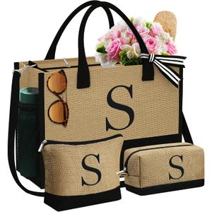 YOOLIFE Mothers Day Gifts - Initial Jute Tote Bag & 2 Makeup Bags Personalized Gifts for Women Teacher Mom Friend Birthday