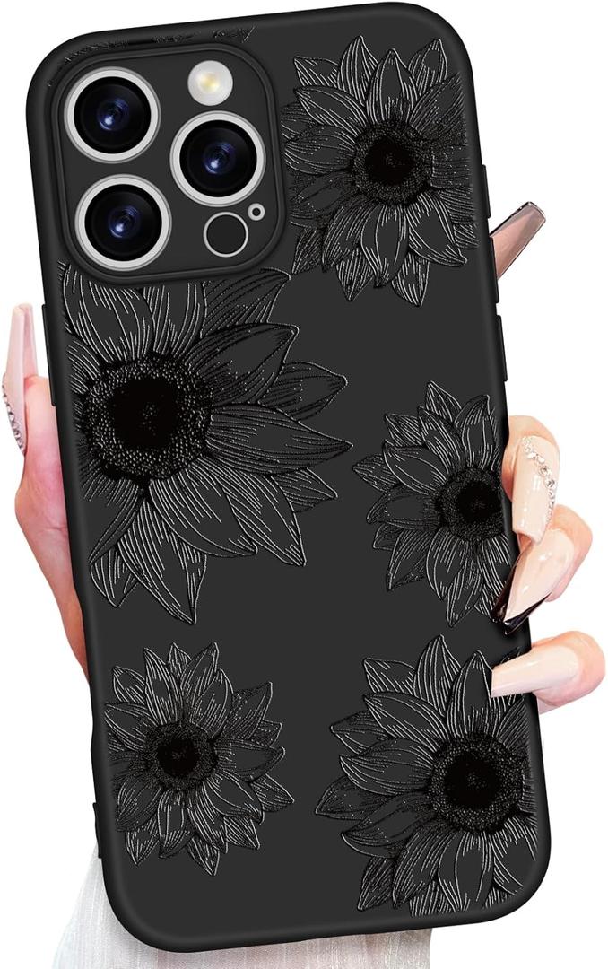 2 x Toycamp for iPhone 16 Pro Case 6.3 Inch - Women Girls Sunflower Cute Black Frosted Slim Fit Design Soft TPU Shockproof Protective Girly Pretty Fashion Phone Cover for Apple for iPhone 16 Pro Case