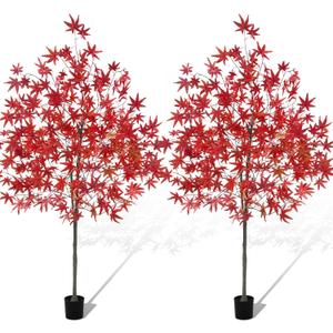 6.6ft Faux Maple Fall Tree Fall Decorations for Home, Artificial Maple Autumn Tree with Potted Base for Indoor Outdoor Porch Halloween Decor(2 Pack,Dark Red)