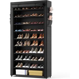 ROJASOP 10 Tier Shoe Rack with Covers,Large Capacity Stackable Tall Shoe Shelf Storage to 50-55 Pairs Shoes and Boots Sturdy Metal Free Standing Shoe Rack Organizer for Closet Entryway Garage (Black)