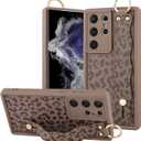 OOK Compatible with Samsung Galaxy S22 Ultra Leopard Case with Wrist Strap, Brown Leopard TPU Shockproof Protection Slim Cover with Camera Protection for Women Girls, for 6.8inch, Brown