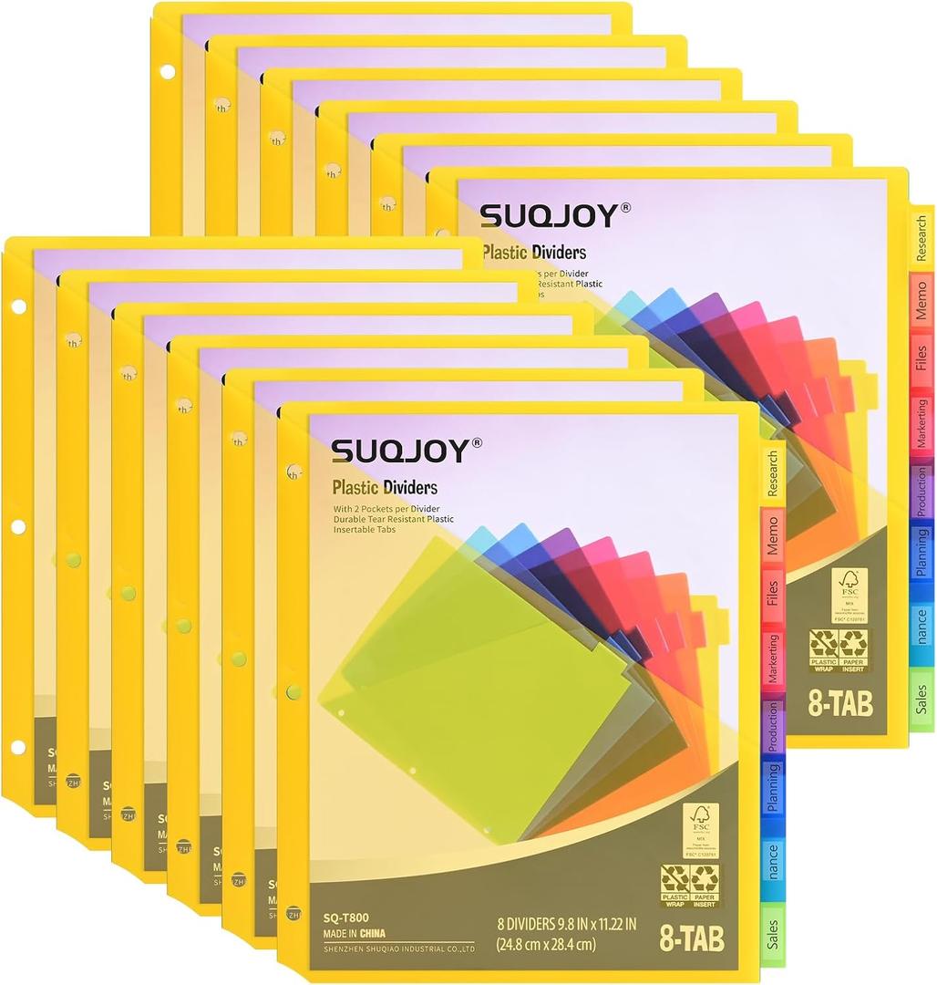 SUQJOY 8-Tab Dividers for 3 ring binder, 96 Count Binder Dividers with Pockets, Subject Dividers, 3-Hole Plastics Sheets Protectors for US Letter Size in 0.5", 1",2" Binders, Vibrant 8 Color, 12 Packs