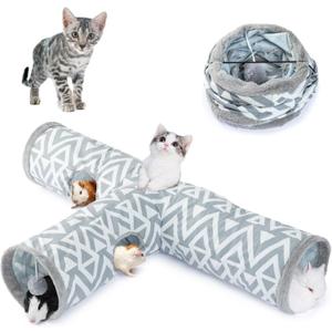 JanYoo Bunny Tunnel Rabbit Hideout Bunny Toys for Rabbits Accessories Guinea Pig Ferret Kitty 3 Ways Collapsible Tunnels (Geometric)