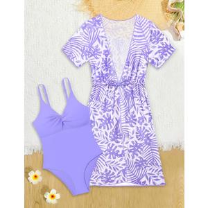 KANGKANG Girls Swimsuit, Girl Swimsuits Size 14-16 Light Purple One Piece Teen Girls Bathing Suits with Tropical Palm Print Cover Up Swimwear Set 15-16Y