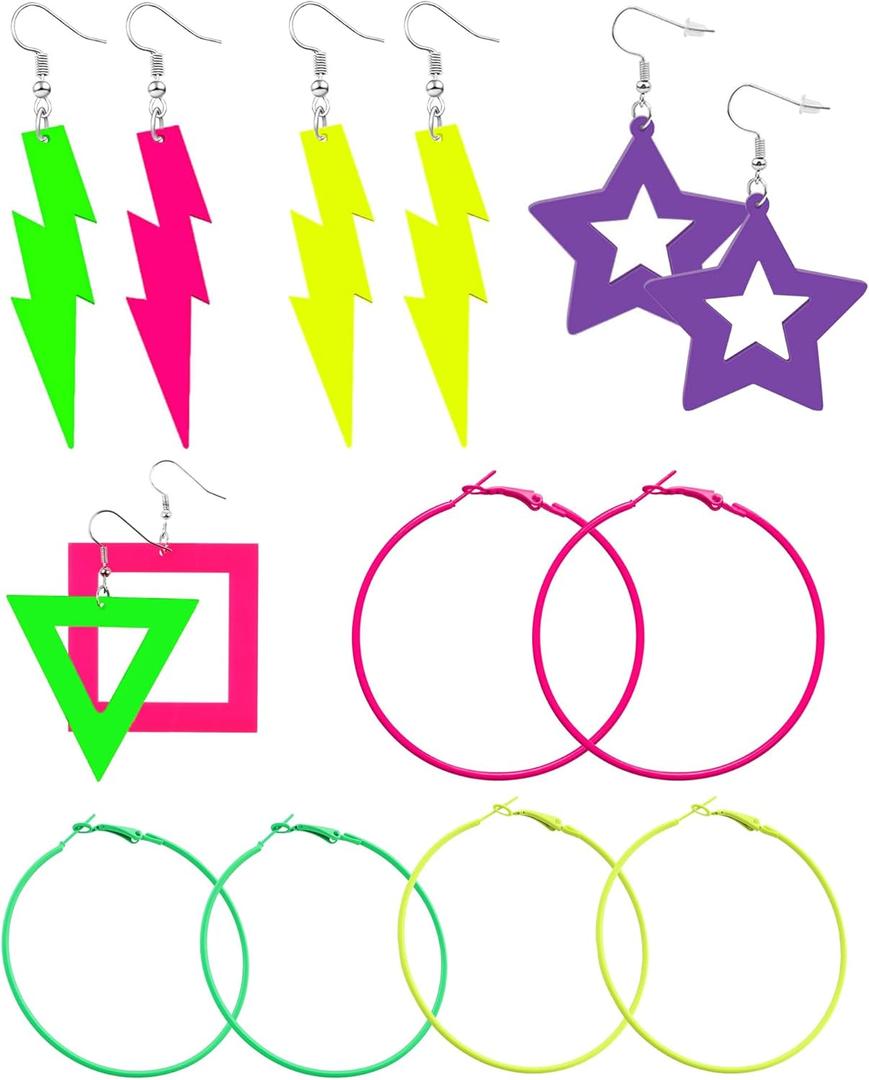 7 Pairs 80s 90s Neon Earrings for Women, Lightweight Colorful Acrylic Statement Earrings, Big Hoop Designs, Comfortable for Retro Outfits, Glow Parties & Music Festivals