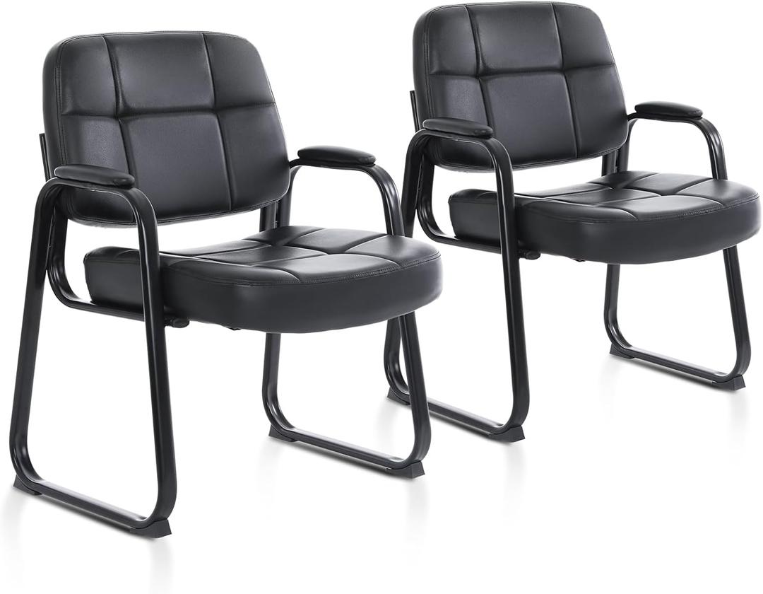 CLATINA Big & Tall Waiting Room Guest Chair with Bonded Leather Padded Arm Rest and Sled Base for Office Reception Lobby and Conference Desk, Black(2 Pack)