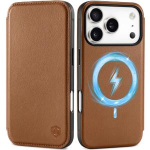SHIELDON Real Leather Slim Case Wallet for iPhone 17 Pro 6.3-inch | Flip, Wireless Charging, Magnetic Closure, RFID Blocking Credit Card Holder, Full Protective Phone Cover - Saddle Brown