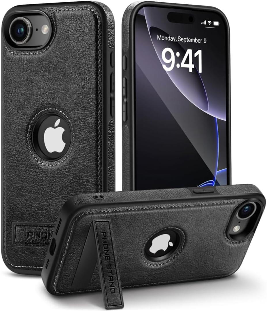 Compatible with iPhone 16E Leather Case, Built-in Invisible Stand Slim Logo View Protective Kickstand Cover (2025) 6.1 Inch (Black)