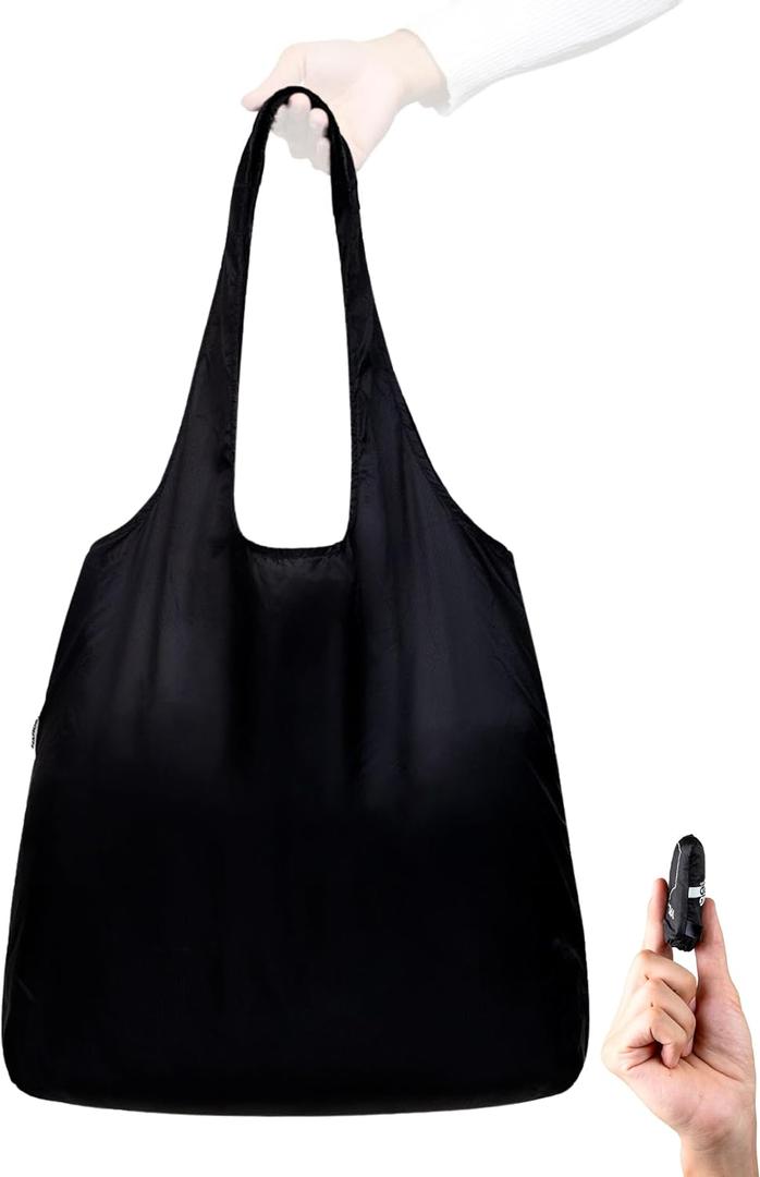 Nanobag Ultra-Lightweight Standard Size Tote Bag for Women & Men, Heavy Duty Reusable Grocery Bag, Foldable Travel Shopping Tote, Packable Cloth Bag with Handles, Washable Market Tote (Black)