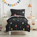 UOZZI BEDDING 4 Pieces Toddler Bedding Set Black Space Style with Stars Planets Black Cute Includes Toddler Size Comforter, Flat Sheet, Fitted Sheet and Pillowcase