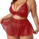 Plus Size 3-Piece Lingerie Babydoll for Women Lace Chemise Sleepwear (Red, XL)