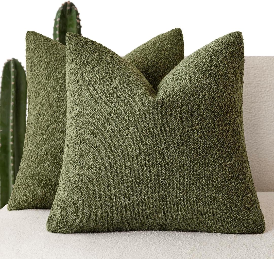 Foindtower Pack of 2 Textured Boucle Throw Pillow Covers Accent Solid Pillow Cases Cozy Soft Decorative Couch Cushion Case for Chair Sofa Bedroom Living Room Home Decor 18x18 Inch Moss Green