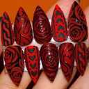 30Pcs Valentines Press on Nails Medium Almond Fake Nails Press ons Red Sparkling Designs False Nails Tip Red Glitter Full Cover Black Heart Rose Flower Glossy Artificial Stick on Nails for Women