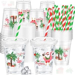 Domensi 50 Pcs Christmas Party Table Decoration July 12 oz Disposable Plastic Cups with Lids and Straws Christmas Cups Clear Summer Party Supplies Tableware for Tropical Cold Beverage Drinking Ice Tea