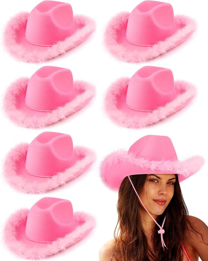 Tarpop 6 Pcs Cowgirl Hat Boa Cowboy Hat for Bride Women Bachelorette Girls Trip Western Wedding Party Costume Accessories