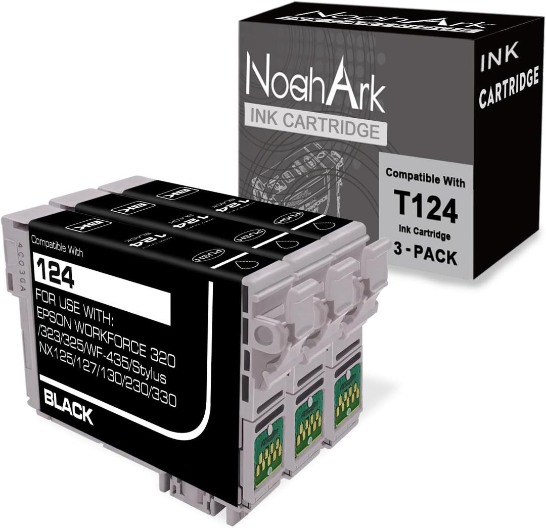 NoahArk 3 Packs T124 Remanufactured Ink Cartridge Replacement for Epson 124 use for Epson Stylus NX125 NX127 NX130 NX230 NX330 NX420 NX430 Workforce 320 323 325 435 (3 Black)