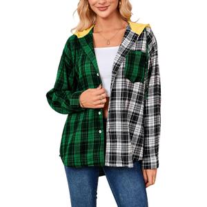 Women’s Button Down Shirt Plus Size Blouse Shirts Tartan Plaid Color Block Casual Oversized Boyfriend Hooded Outwear (XXL)