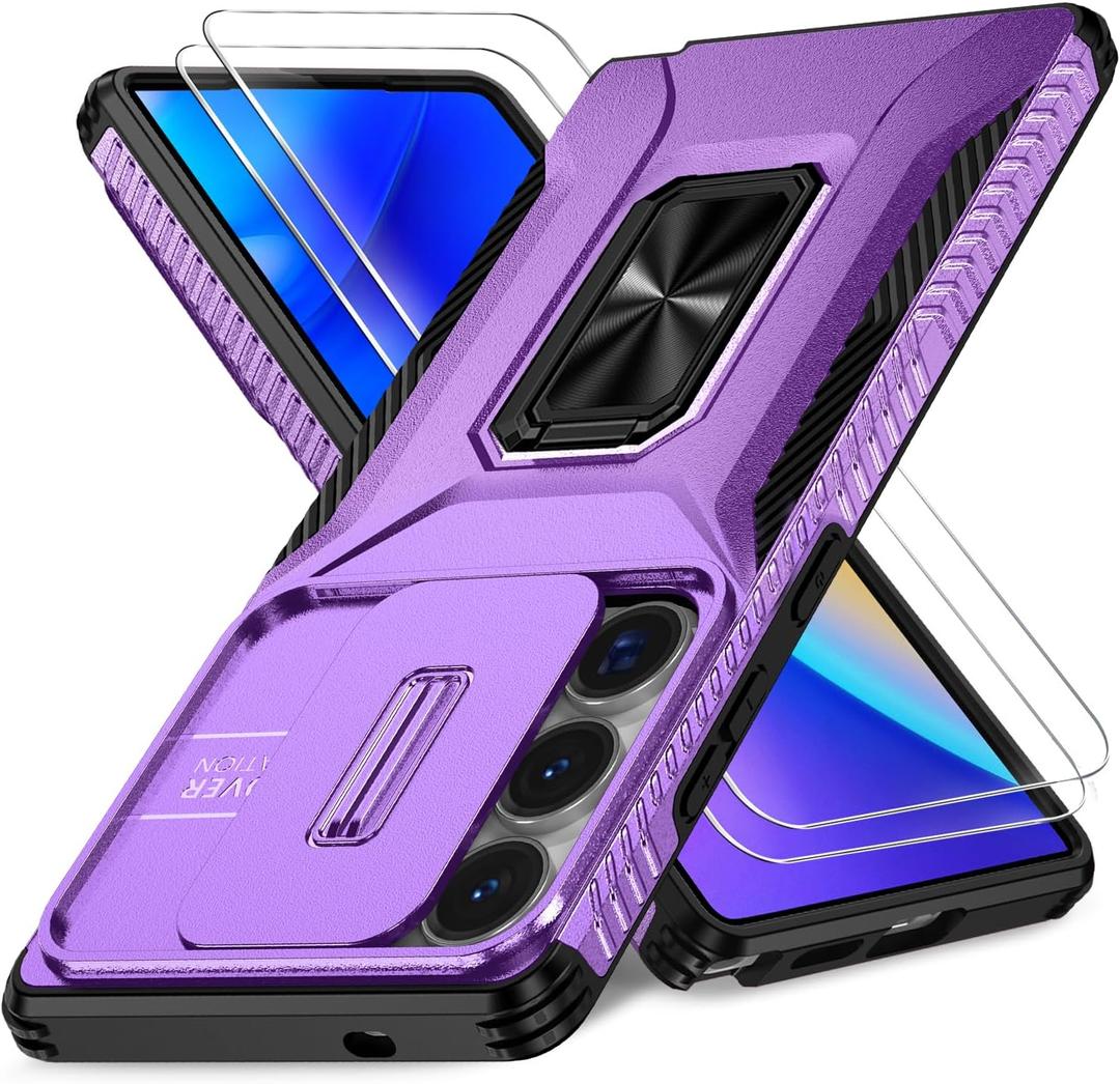 Case for Samsung Galaxy S25 Ultra with Slide Camera Cover+Screen Protector(2 Packs), Military Grade Shockproof Protective Cover, Rotated Ring Kickstand(A - Violet)