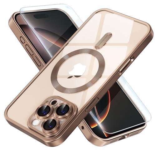 Misea Magnetic for iPhone 16 Pro Max Case Compatible with MagSafe [Never Yellowing] [Military Grade Drop Protection] Full Camera Lens Protector Plating Soft Clear Phone Case for Women, Titanium Desert