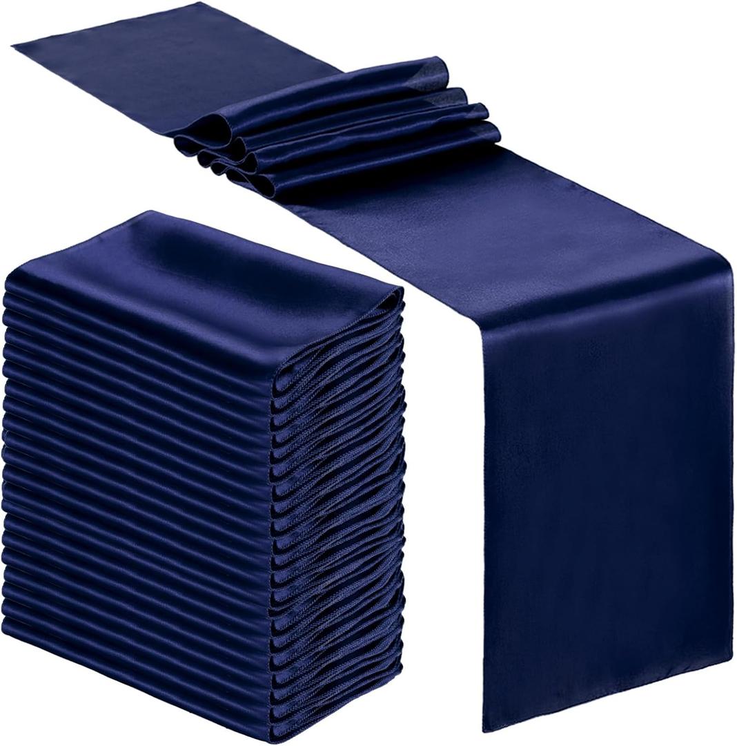 Bencailor 24 Pcs Navy Blue Satin Table Runner Bulk 12 x 108 Inches Long Table Runners Bright Smooth Fabric Tablecloth for Wedding Banquet Birthday Valentines St Patrick's Day Party Decorations