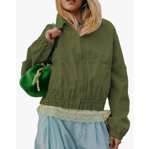 Women's Collared Long Sleeve Cropped Track Jacket Zip Up Shirts Jackets Utility Anorak Coat with Pockets, Size XL