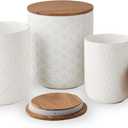 Canisters Sets for the Kitchen, White Ceramic Canister Set with Airtight Wood Lids, 3 Pcs Embossed Food Storage Jars Containers for Flour, Sugar, Spice, Coffee, Tea (70/40/25 oz)
