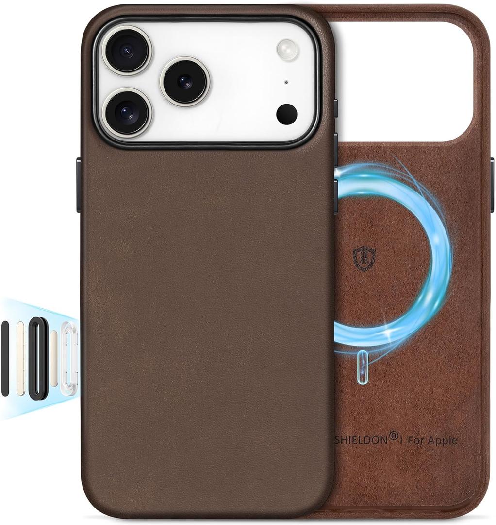 SHIELDON Top Grain Crazy Horse Leather Case for iPhone 17 Pro Max 6.9" 2025, Compatible with Magsafe, Updated Camera Button, Slim Magnetic Wireless Charging, Shockproof, Camera Bump Frame - Dark Brown
