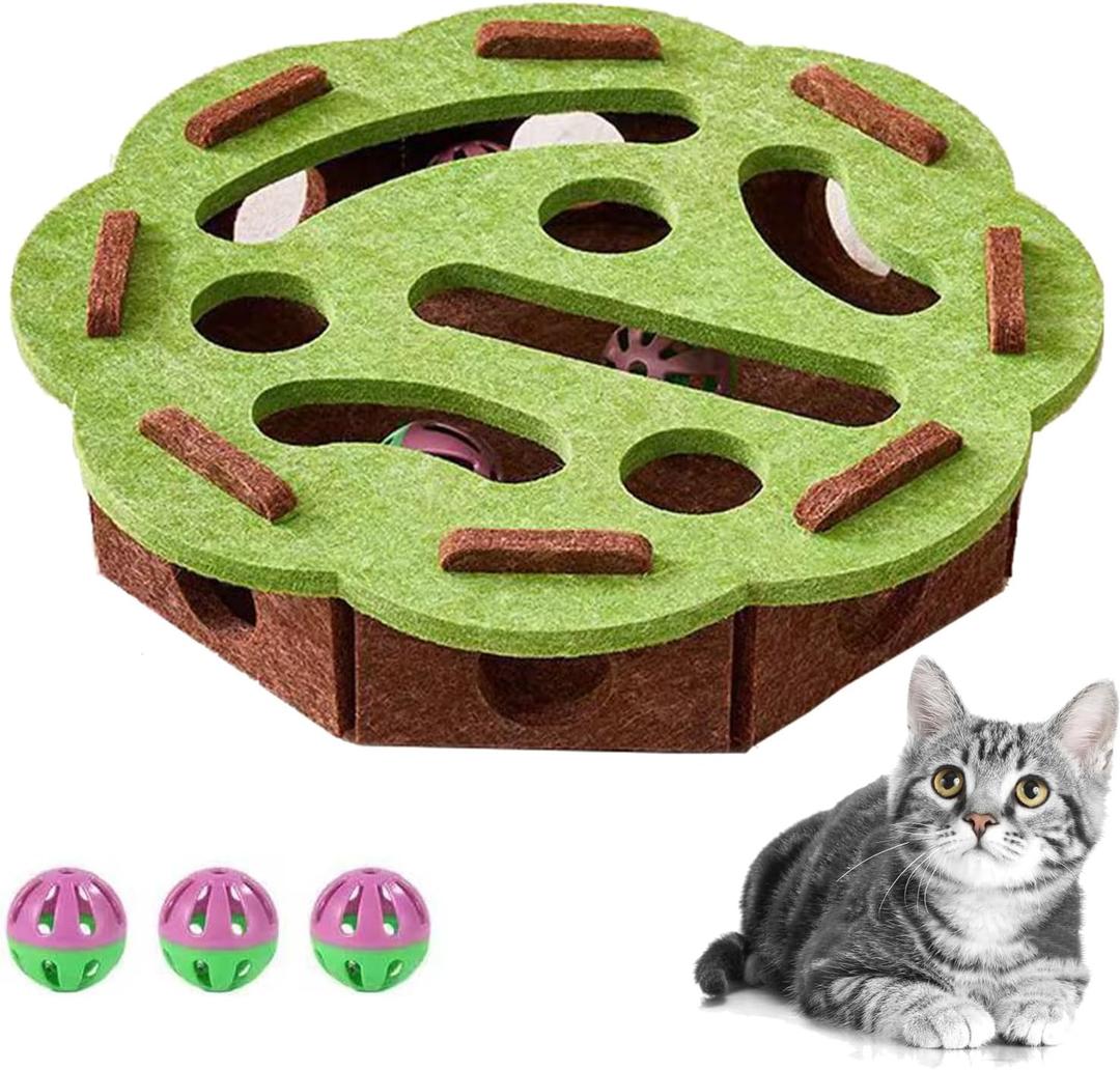 Cat Scratch Puzzle Enrichment Box, Cat Nail File Enrichment Box, Cats Nail File Scratcher, with Bell for Indoor Cats Scratching and Hunting Mental Felt Maze Box(Green,Flower-Shaped)
