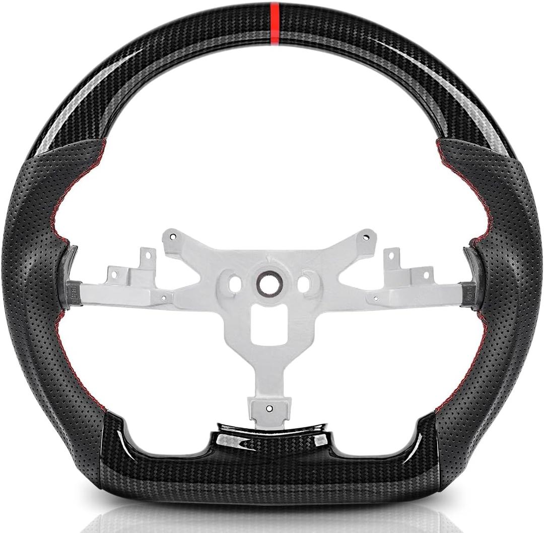 Steering Wheel replacement for Chevy Corvette C6 2006-2011 ZR1 Z06, Hydro-Dip Carbon Fiber Steering Wheel Nappa Perforated Leather D-shaped Flat-bottom with Red Stitching for C6